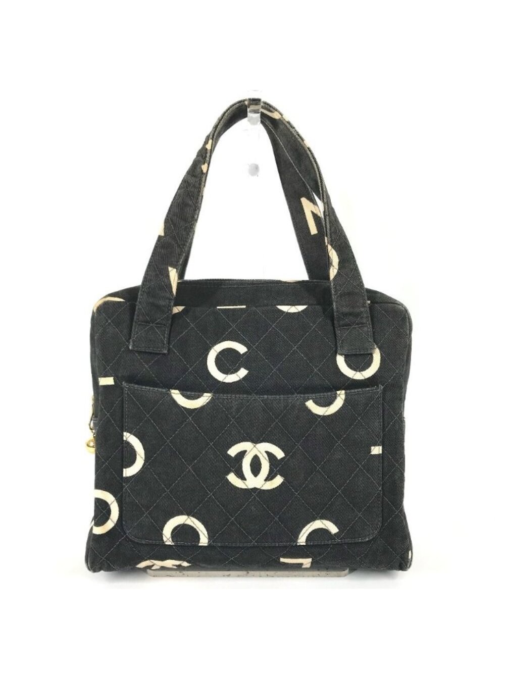 Chanel Handbag CC Logo Quilted All Over Print Vintage Canvas Black